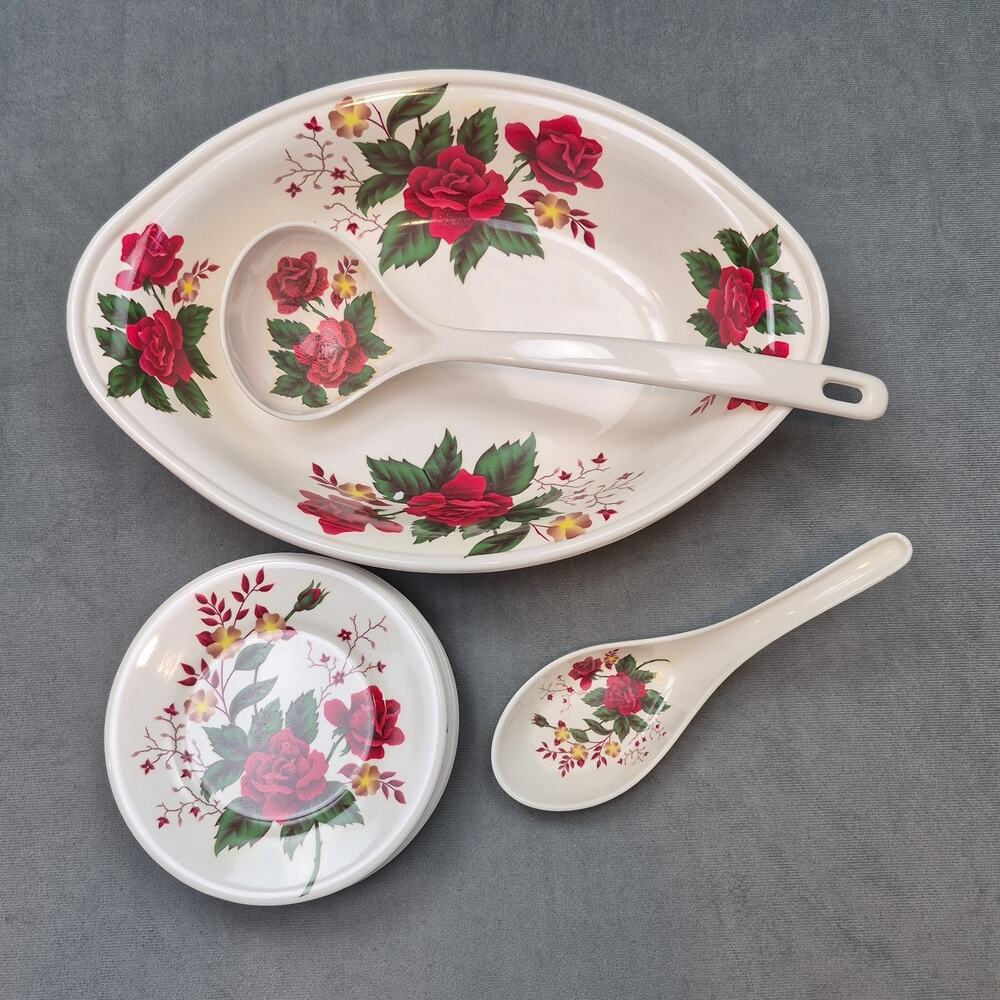Vintage Melamine Fataco Floral Serving Bowl, Spoons & Small Plate Set Lot of 12